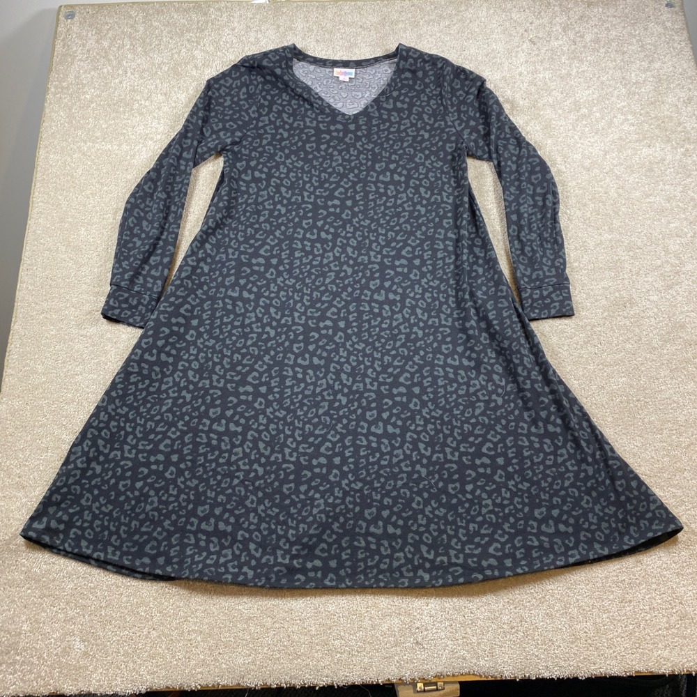 LuLaRoe A-Line Dress Womens Small Grey Black Leopard Print Long Sleeve V-Neck